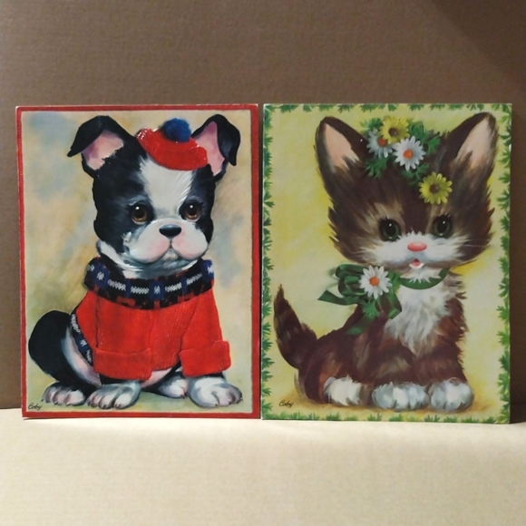 Paper Ephemera Vintage Cards Bull Dog in Sweater & Kitten 9 1/2" x 7 1/2" - Picture 1 of 6